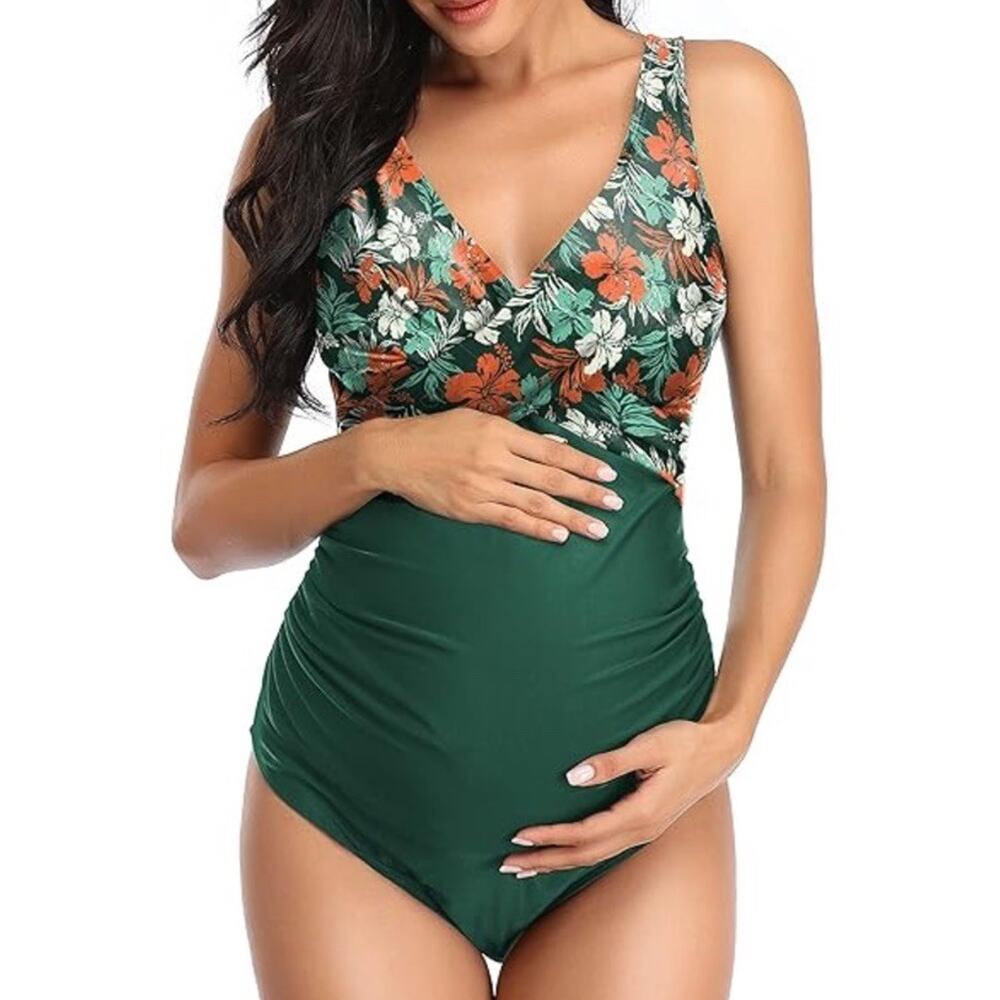 Summer Sunshine Green Floral Maternity One Piece Swimsuit Cross Front Padded NEW
